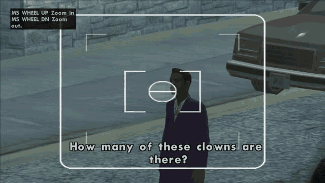 a screenshot of a video game shows a man standing in front of a car and asking how many of these clowns are there