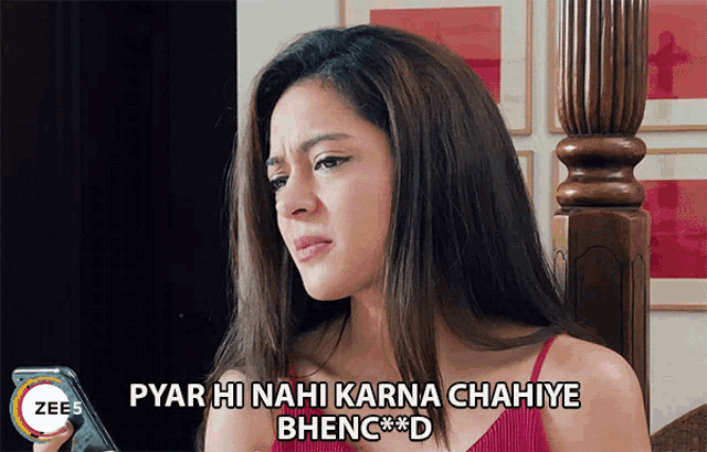a woman in a red top with the words pyar hi nahi karna chahiye