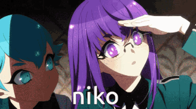 a purple haired anime girl salutes next to a blue haired anime girl with the word niko above them