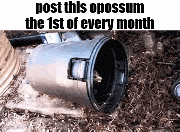 a picture of a trash can with the words post this opossum the 1st of every month