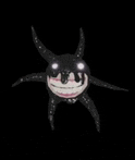 a cartoon character with horns and a smile on its face is floating in the dark .
