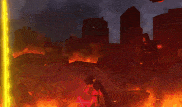 a computer generated image of a city on fire with planes flying overhead
