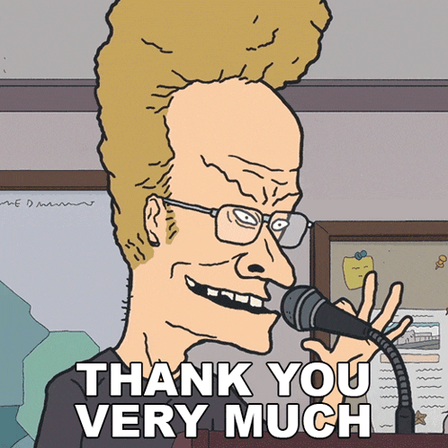 a cartoon of a man holding a microphone and saying thank you very much
