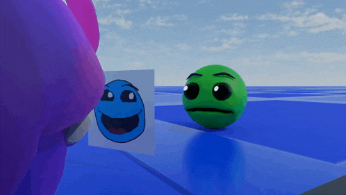 a green ball with a sad face is standing next to a blue ball with a smiling face