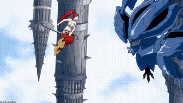 a woman with red hair is flying through the air while holding a sword against a robot .