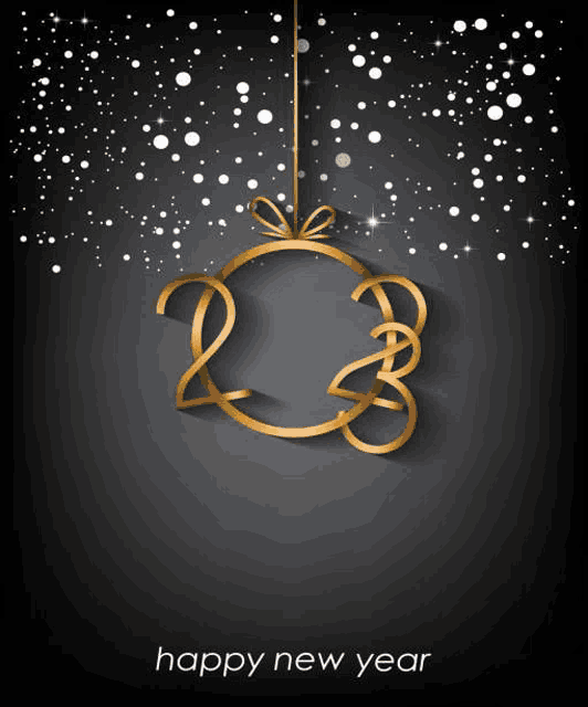 a happy new year card with a gold christmas ball