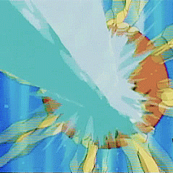 a cartoon scene with a blue background and a yellow circle
