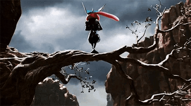 a cartoon character is standing on a tree branch in the mountains .