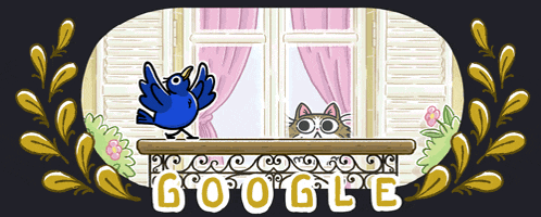 a cartoon drawing of a blue bird and a cat on a balcony with google written in white letters