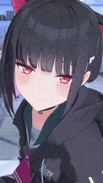 a girl with black hair and red eyes is wearing a black jacket with a logo that says ' a ' on it