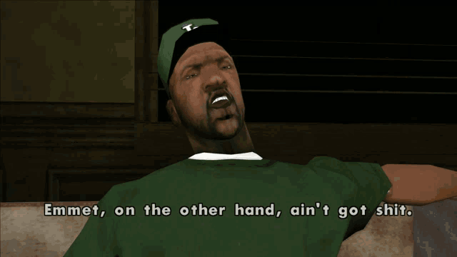 a man in a white tank top is talking to another man in a video game with the words emmet on the other hand