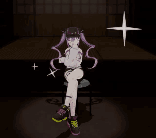a girl with purple hair is sitting in a chair