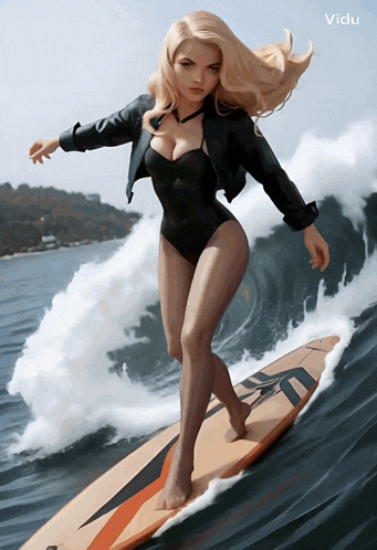 a woman in a black swimsuit is riding a wave on a surfboard that says vida