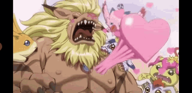 a cartoon of a lion holding a pink heart surrounded by a group of animals .