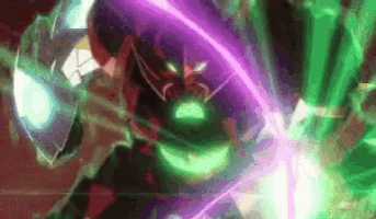 a purple and green glowing sword is being thrown at a person .