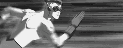 a black and white photo of a cartoon character running in a race .