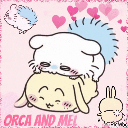 a picture of orca and me with a rabbit and a hedgehog on a pink background
