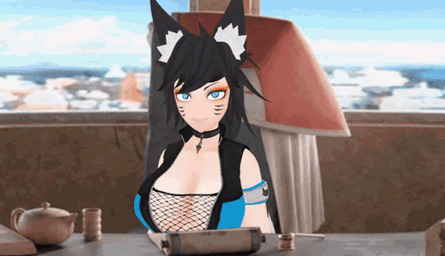 a cartoon character with a blue eye and black hair