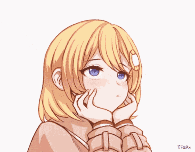 a drawing of a girl with blonde hair and blue eyes has the name tforx on the bottom right