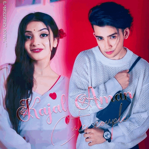 a man and a woman are standing next to each other with the words rajal and aman written on the bottom