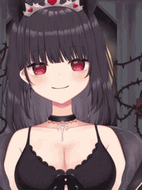 a girl with a crown on her head is wearing a choker