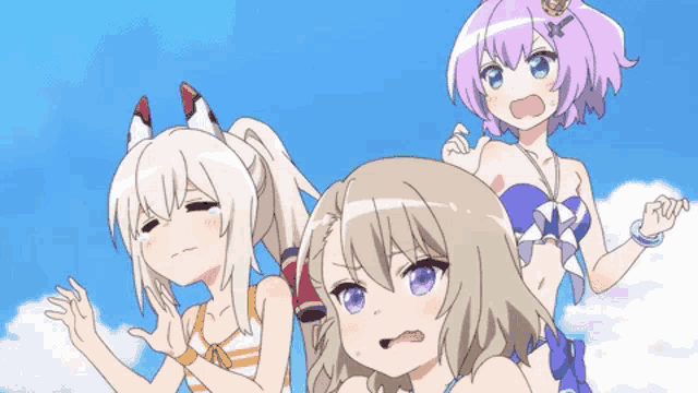 three anime girls are standing next to each other and one of them has a crown on her head