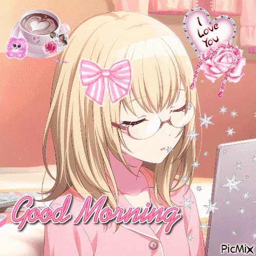 a picture of a girl with glasses and a bow on her head with the words good morning