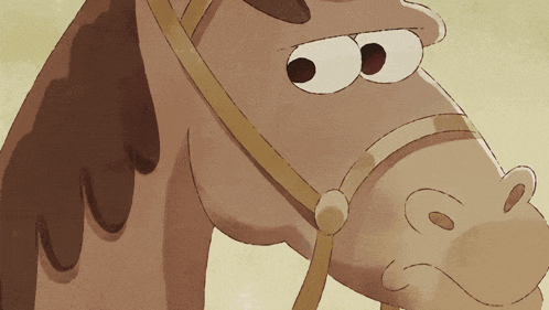 a close up of a cartoon horse 's head with a bridle