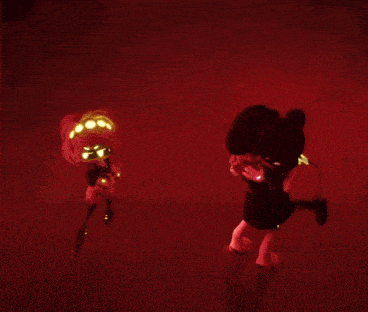 a couple of cartoon characters in a red light