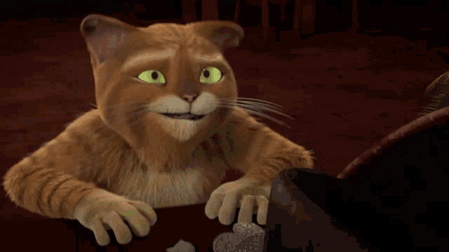 a cartoon cat with green eyes is looking at something