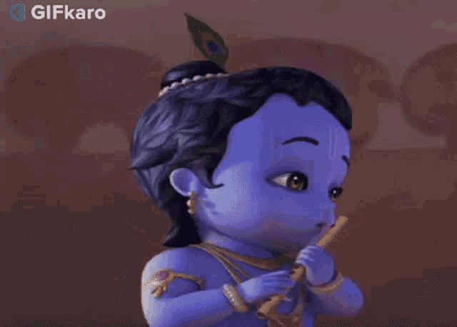 a cartoon of a baby krishna with a peacock feather on his head and a flute .