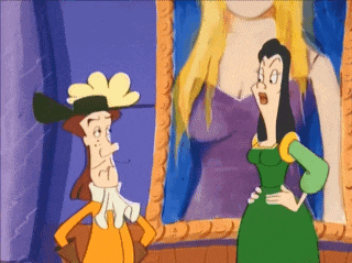 a cartoon of a man and a woman looking at a picture of a woman