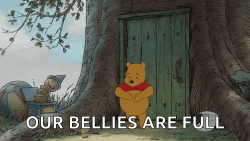 a cartoon of winnie the pooh standing in front of a door with the words " our bellies are full "
