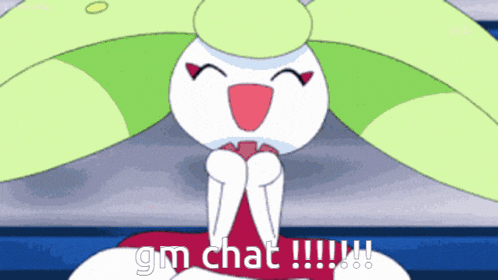 a cartoon character says " gm chat " while holding a heart