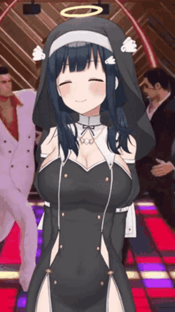 a girl in a nun costume is smiling in front of a man in a white suit