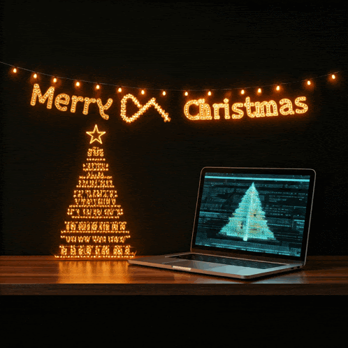 a laptop with a christmas tree on the screen and a merry christmas banner above it