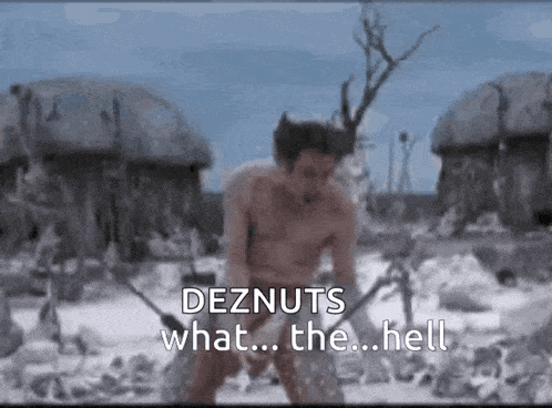 a shirtless man is standing in the snow with a sword in his hand and says `` deznuts what the hell '' .