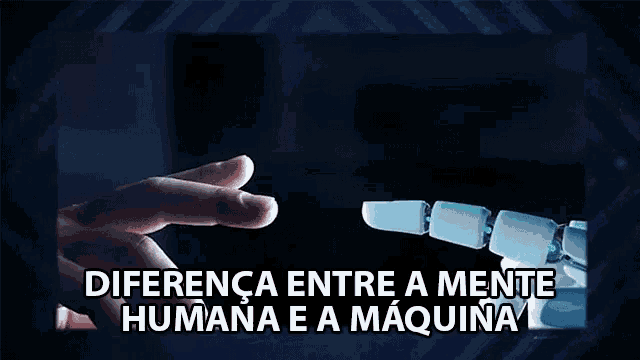 a robotic hand pointing at a human hand with the words diferencia entre a mente humana e a maquina in the corner