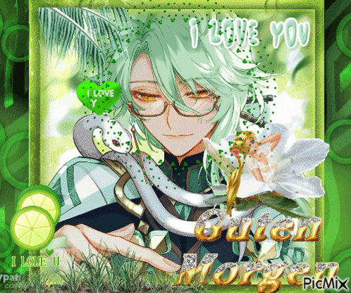 a picture of a green haired anime character with a snake around his neck and the words " i love you " on the bottom