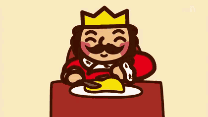 a cartoon of a king sitting at a table eating a piece of food .
