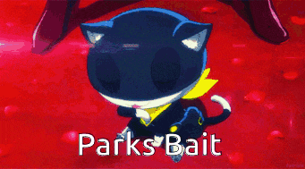 a cartoon cat with a yellow scarf around its neck and the words parks bait