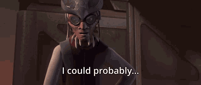 a cartoon character says " i could probably " in front of a door