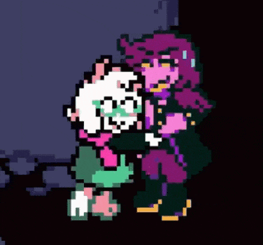 a pixel art of a cartoon character holding another character in her arms .