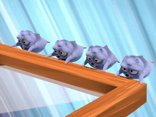 four cartoon hamsters are crawling over a wooden beam