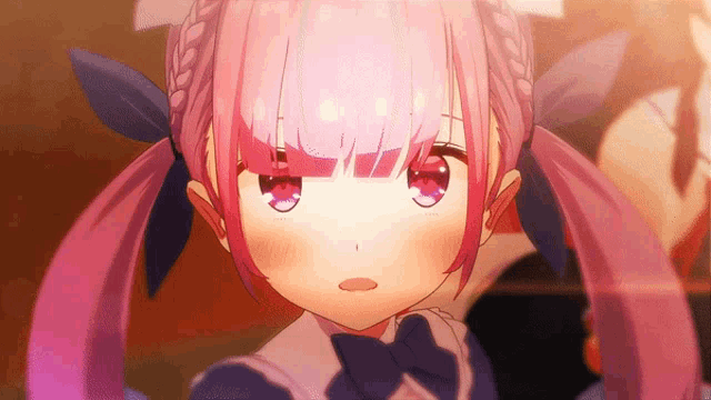 a close up of a pink haired anime girl with red eyes