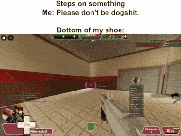 a screenshot of a video game that says steps on something me please don 't be dogshit
