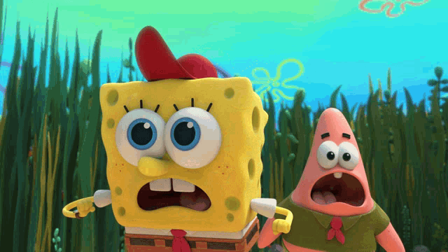 spongebob and patrick are standing next to each other in a field
