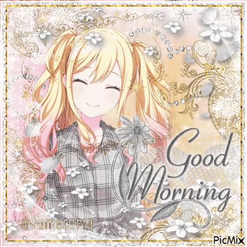a picture of a girl with pigtails and the words good morning