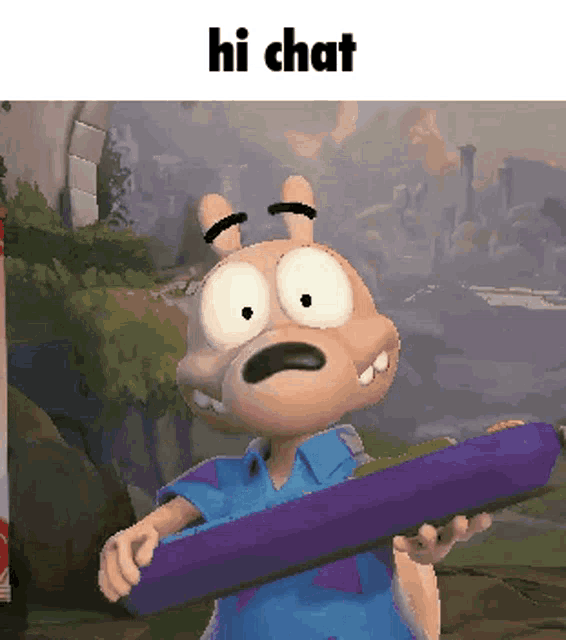 rick and morty is holding a purple eggplant and says hi chat on the bottom
