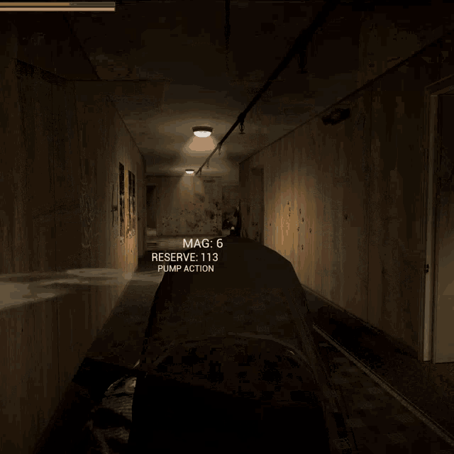 a person is holding a gun in a hallway with the words mag 8 reserve 111 pump action visible